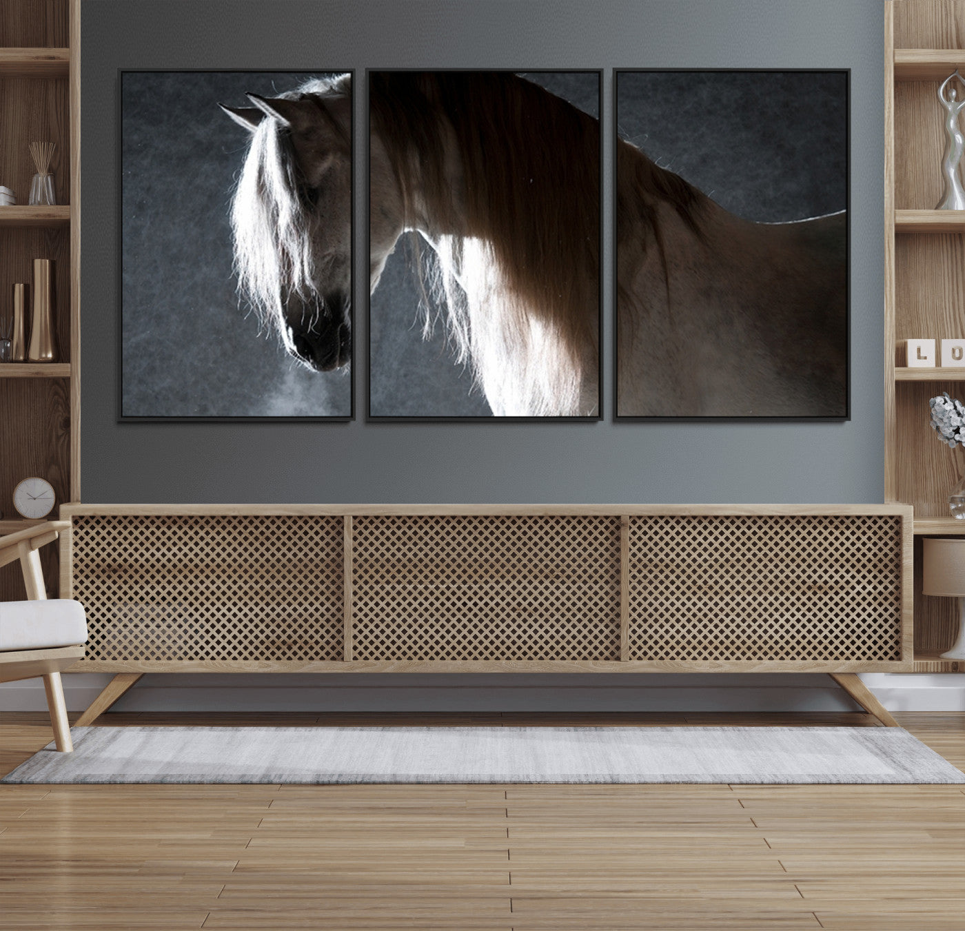 36020-MGV-FC-60X30-3P_Black-Large Wall Art Cream Colored Horse on Grey Background Canvas Print