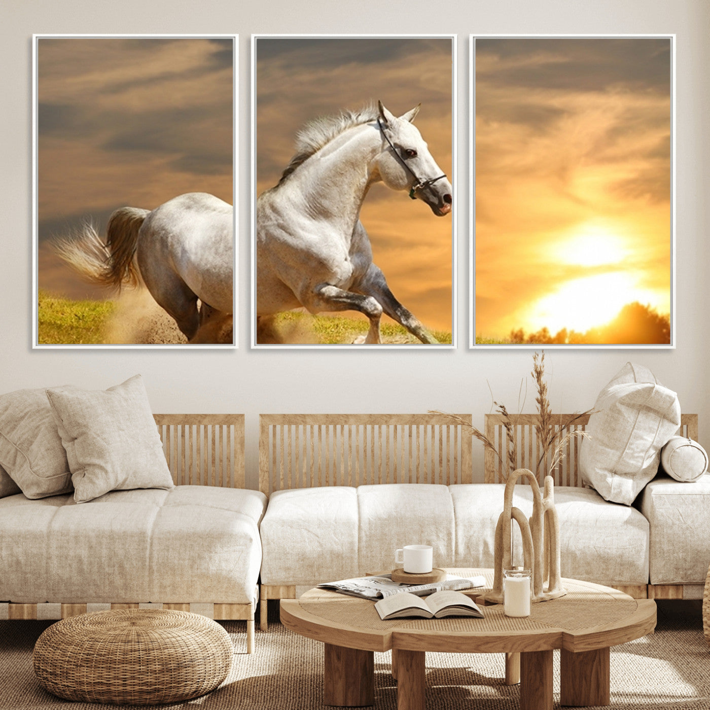 MGV-FC-60X30-3P - Large Wall Art Galloping White Horse at Sunset Canvas Print
