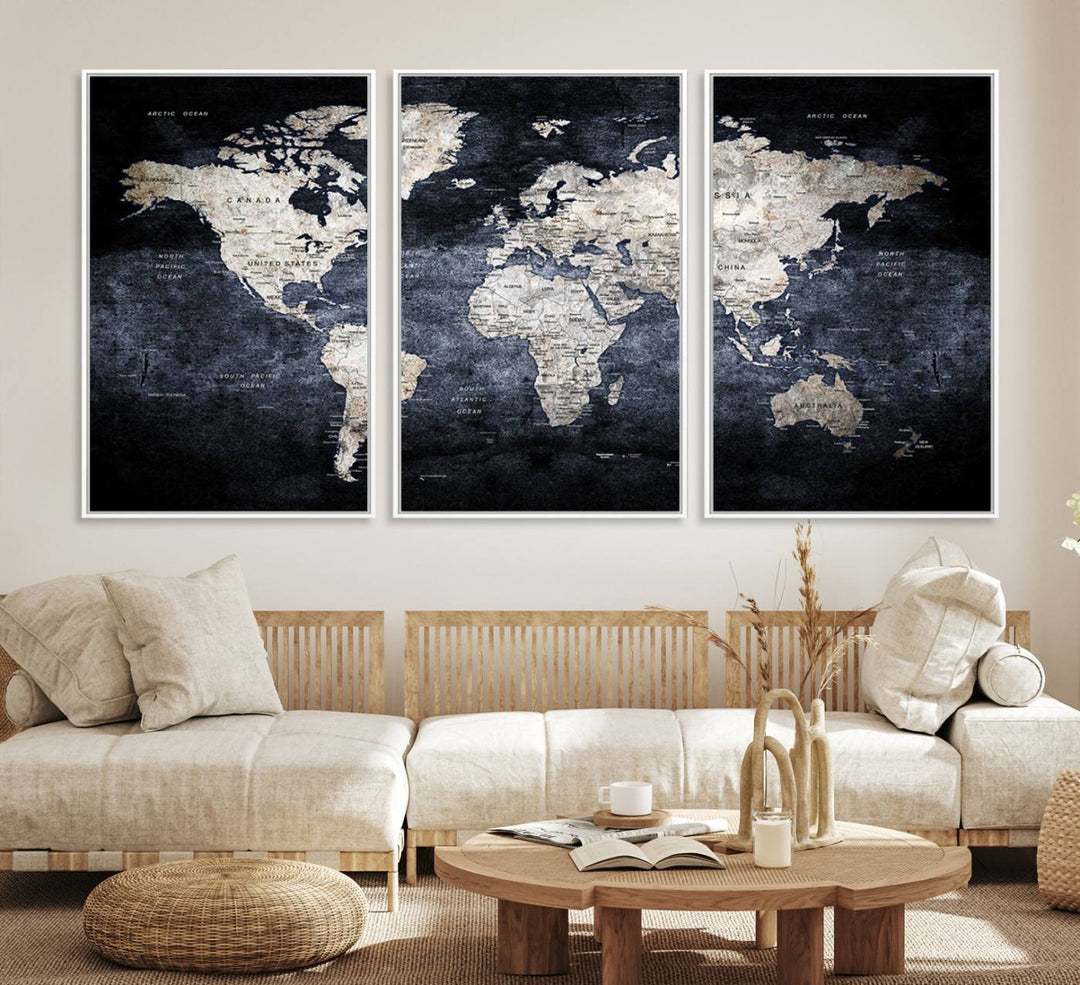 Rustic Black and Bronze World Map Canvas Triptych features white continents on a grunge-stained background.