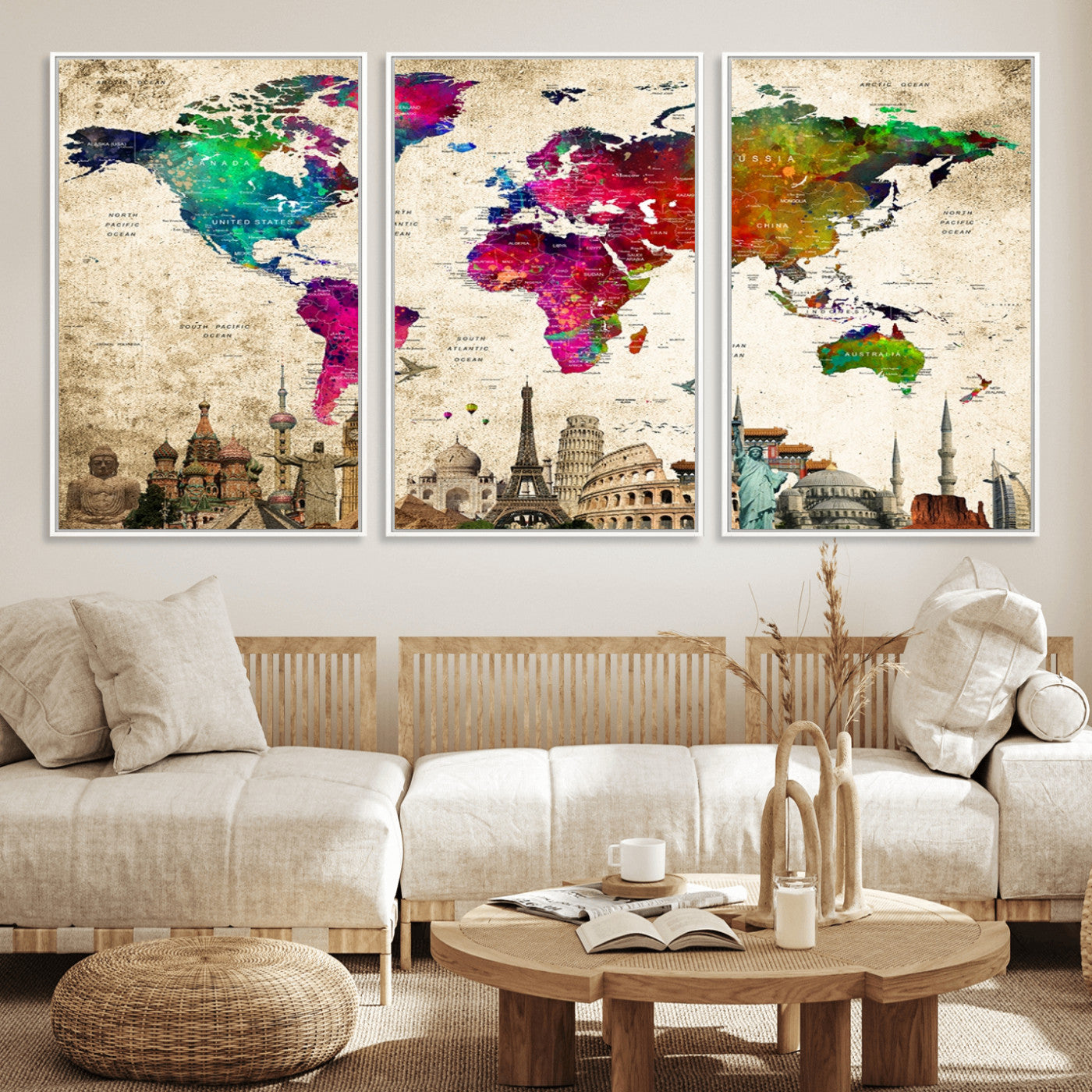 MGV-FC-60X30-3P - Push Pin World Map Canvas Print – Framed Wall Art for Couples to Track Their Travels – Anniversary