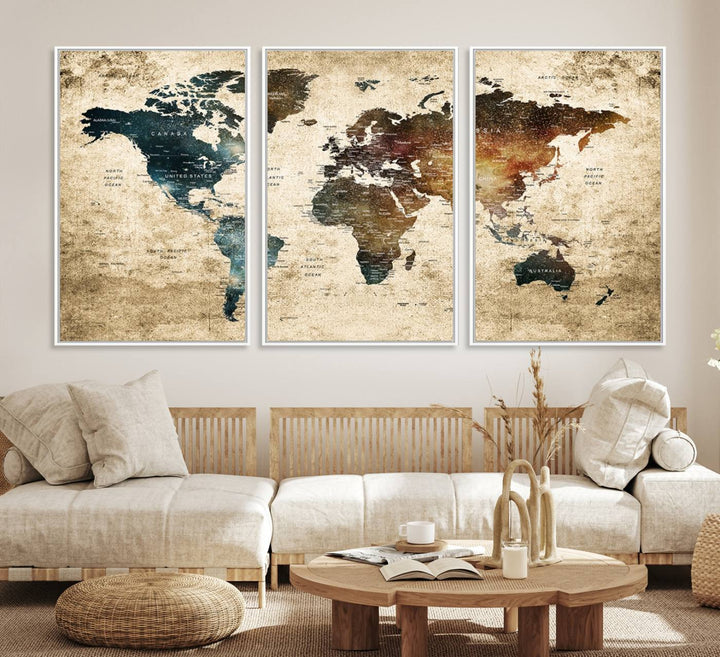 Grunge World Map Canvas featuring earth-toned continents, suitable for study, office, or living room.