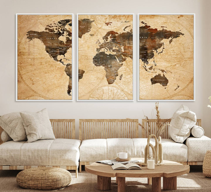 Vintage World Map: 3-Panel Canvas Print in antique rustic style. Framed and gallery wrapped. Ideal for decor.