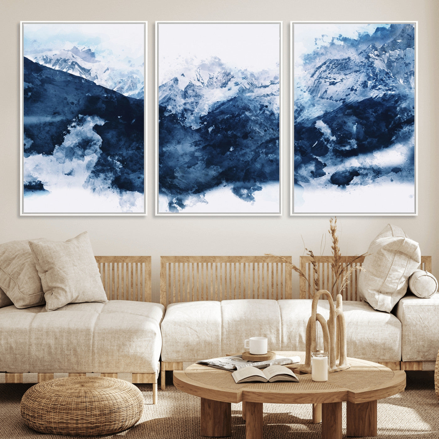 81700-MGV-FC-60X30-3P_White-Abstract Blue Mountain Canvas Wall Art – Modern Triptych Landscape Print – Contemporary Nature Decor for Living Room or Office – Ready to