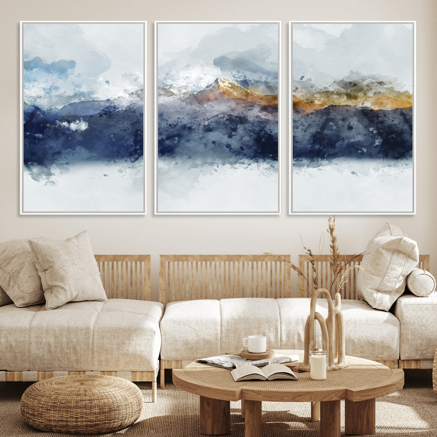 89149-MGV-FC-60X30-3P_White-Abstract Mountain Range Art Canvas Print | 3 Panel Watercolor Landscape for Living Room, Office, or Bedroom | Large Ready-to-Hang Artwork