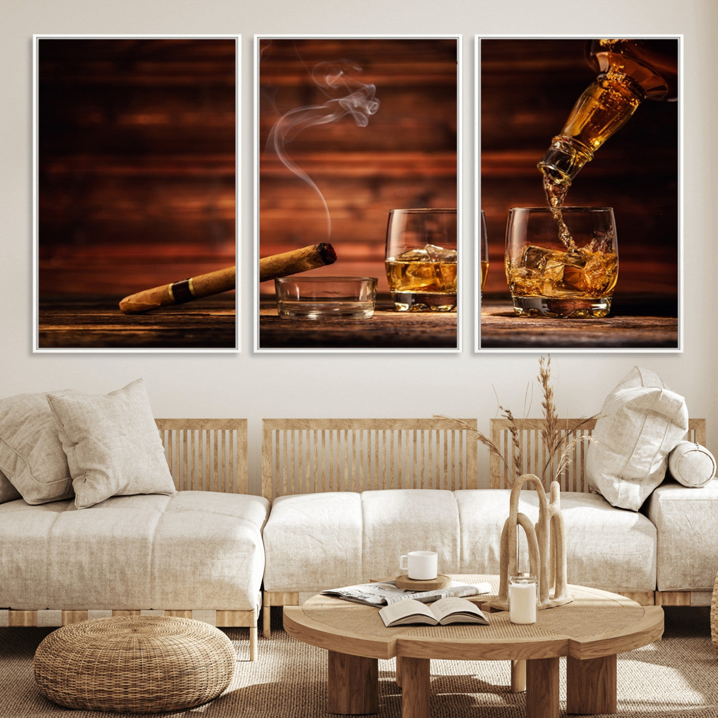 MGV-FC-60X30-3P - Whiskey and Cigar Wall Art Canvas | 3 Panel Bar Room Decor for Home Lounge, Office, or Man Cave |