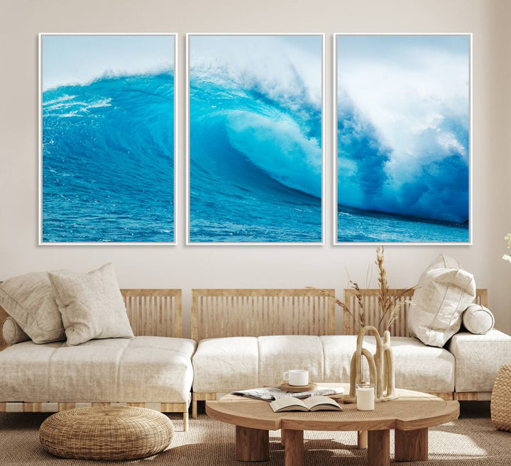 A museum-quality canvas depicting a vibrant blue ocean wave with white foam under a clear sky.