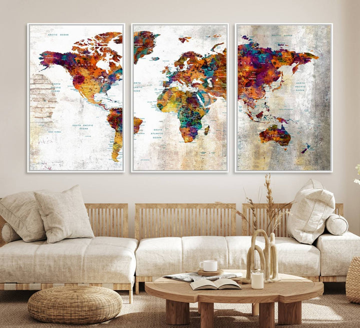 A vibrant Grunge Map Canvas Wall Art Set (3 Panels) for home or office decor, perfect for travel enthusiasts.