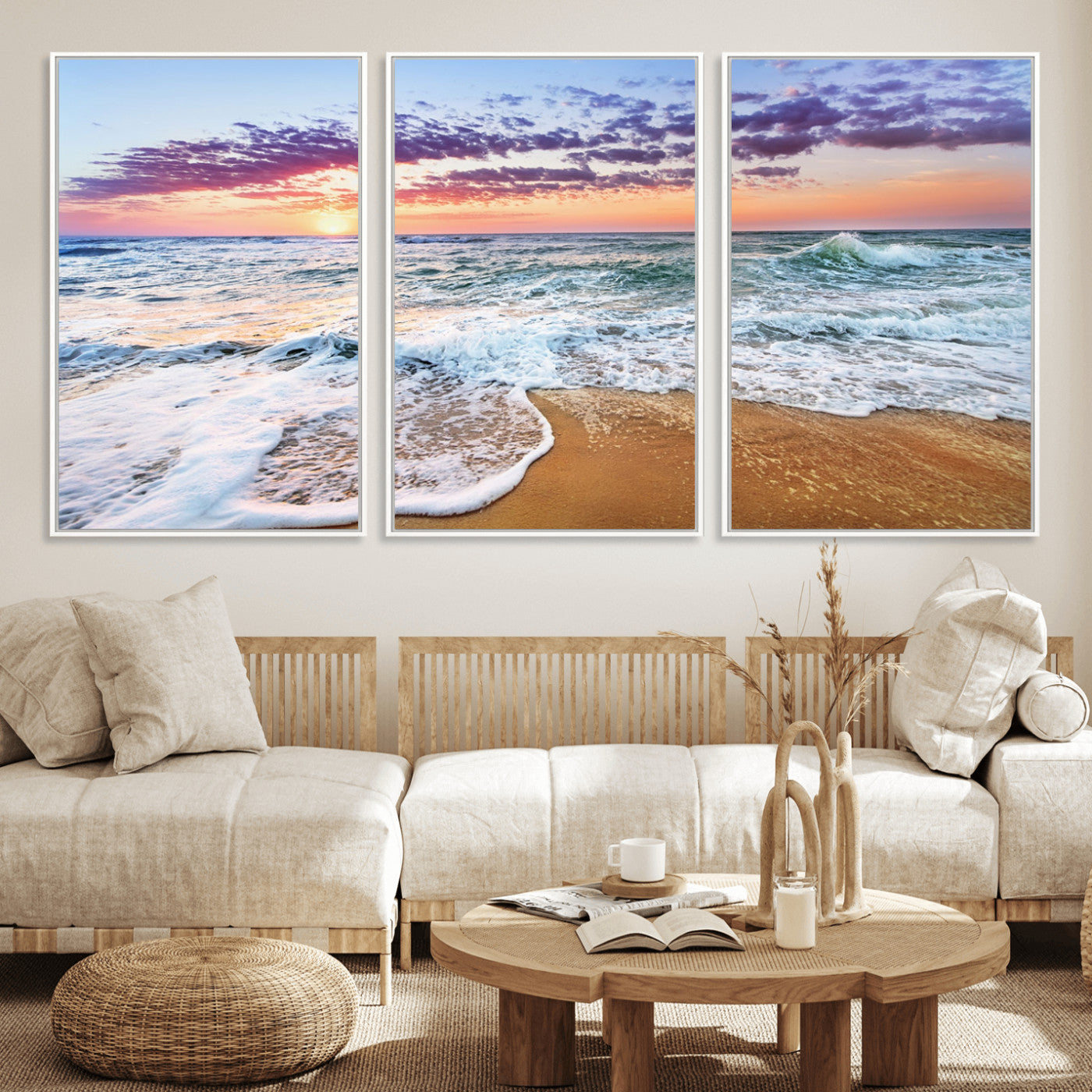 MGV-FC-60X30-3P - Coastal Sunset Art Beach Canvas Wall Art Print | Ocean Waves Wall Art | Large 3-Panel Seascape for