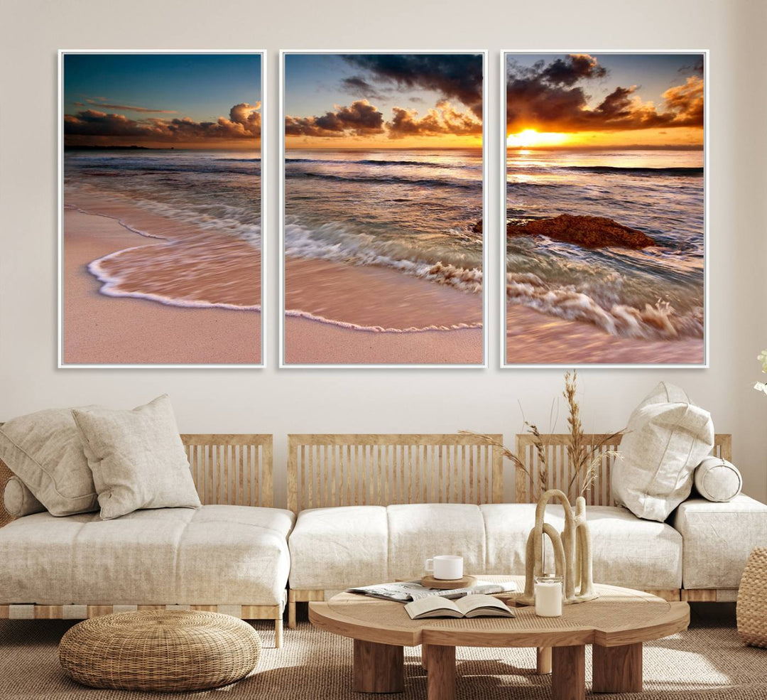 The Sunset on Ocean Wall Art Canvas Print beautifully captures a beach sunset, gentle waves, and a peaceful atmosphere.