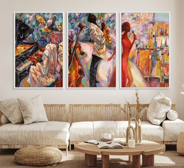 The Abstract Afro American Jazz Canvas captures a vibrant jazz band and showcases a woman dancing in red, making it perfect for dining or music spaces.