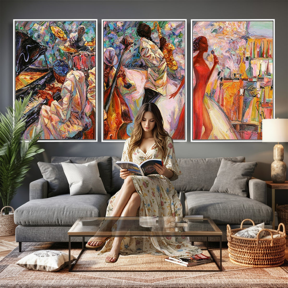 40574-_Poster-30x20 - Afro American Jazz Band Canvas Wall Art | 3 Panel Music Studio Decor