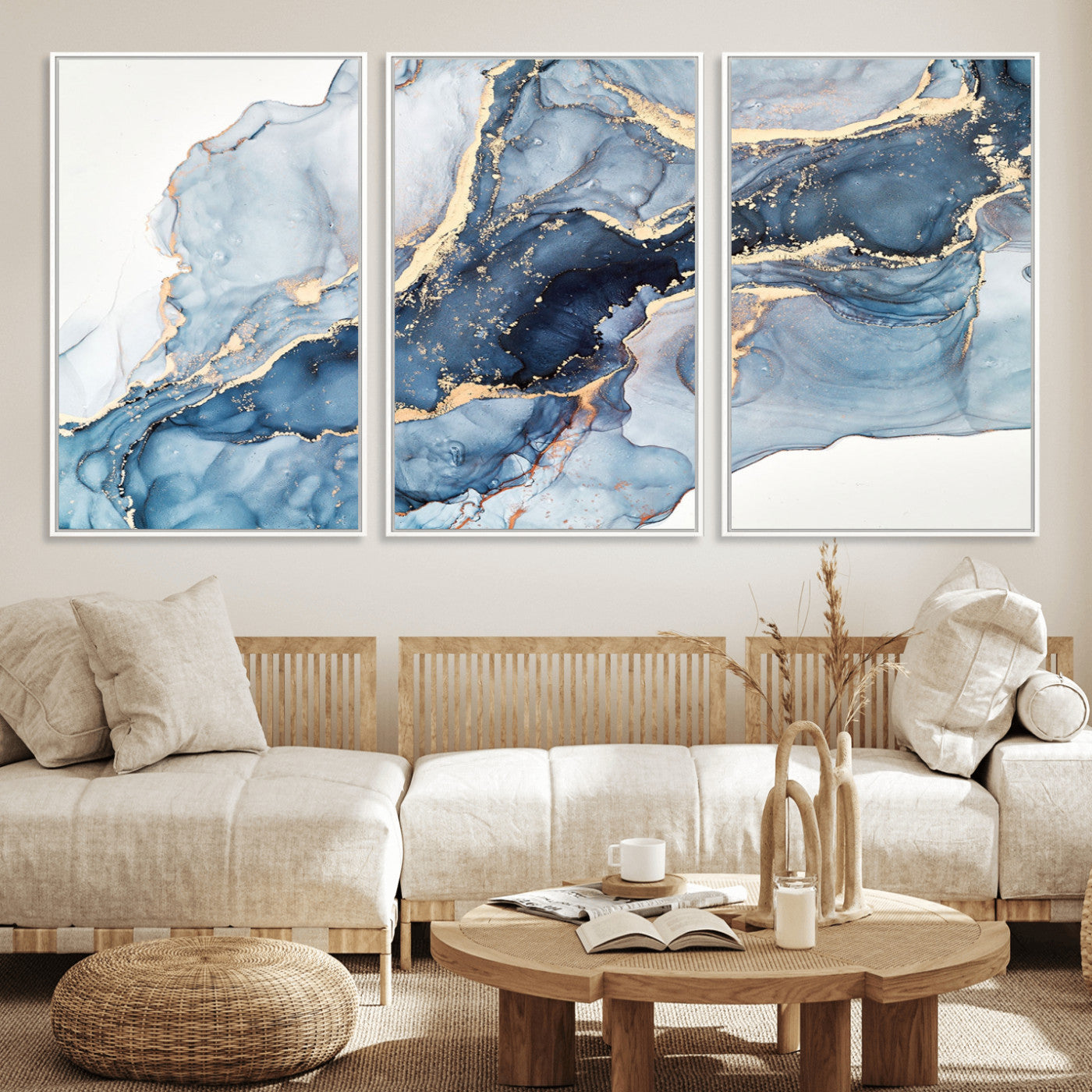 33782-MGV-FC-60X30-3P_White-Abstract Art Print - Blue Abstract Canvas Wall Art Print Abstract Art Fluid Effect Marble Wall Art
