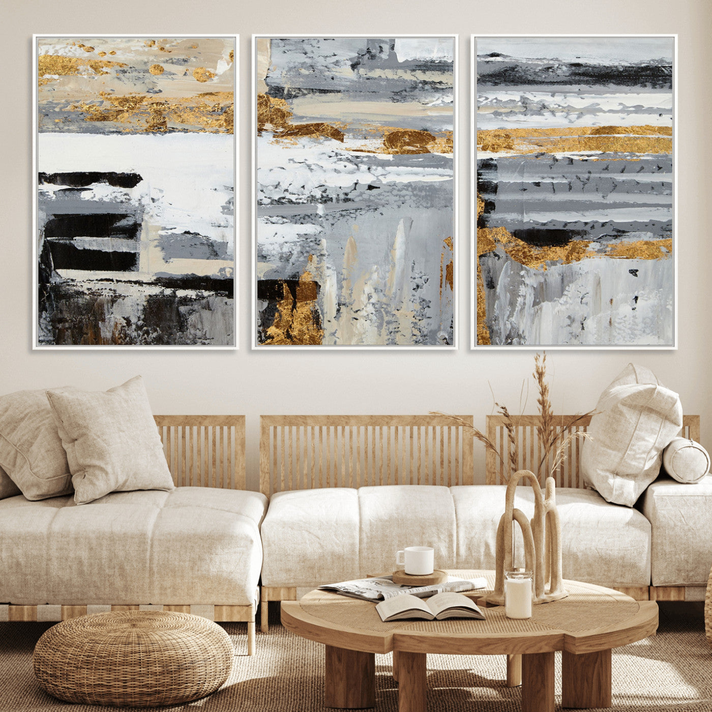 43177-MGV-FC-60X30-3P_White-Abstract Painting Canvas Wall Art Print Paint Drip Art Brush Strokes Gray Artwork