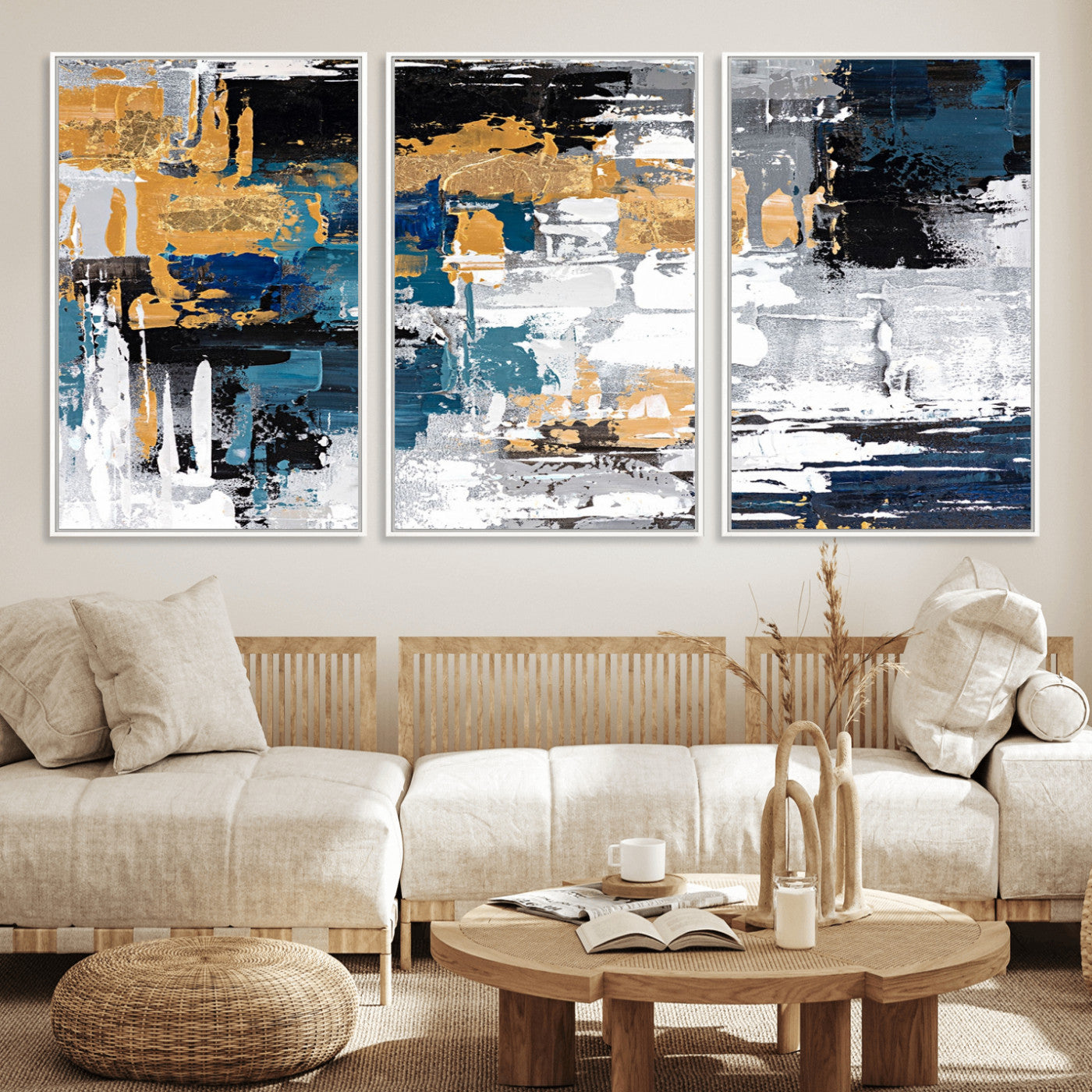 57708-MGV-FC-60X30-3P_White-Blue and Gold Abstract Canvas Wall Art – Triptych Modern Painting for Living Room – Framed and Ready to Hang