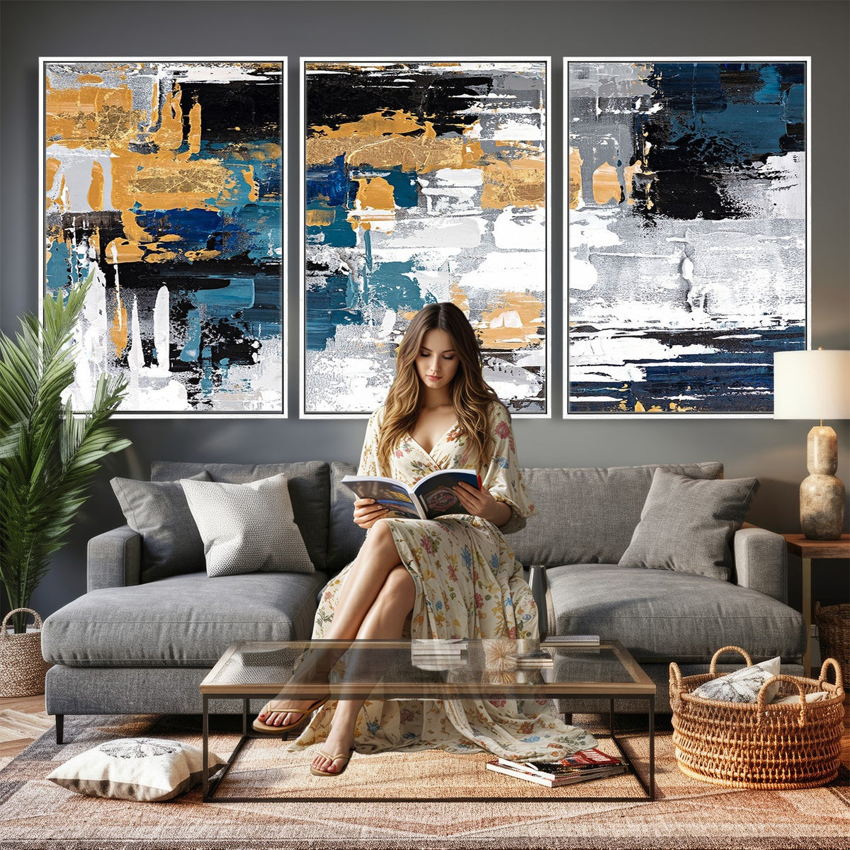 57708-_Poster-30x20 - Blue and Gold Abstract Canvas Wall Art | Triptych Modern Art Print