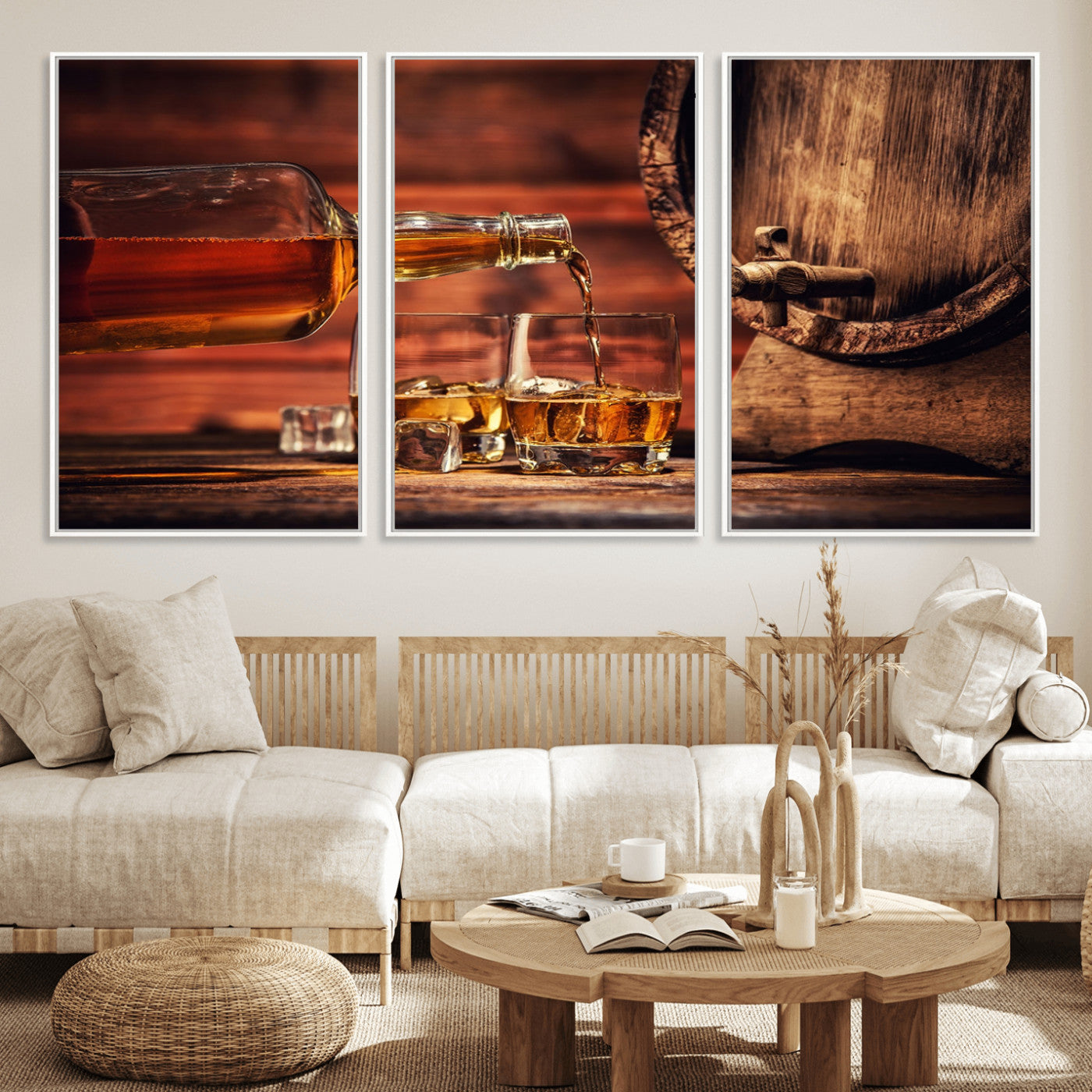 MGV-FC-60X30-3P - Whiskey and Cigar Canvas Wall Art | 3 Panel Bar Room Decor for Home Lounge, Office, or Man Cave |