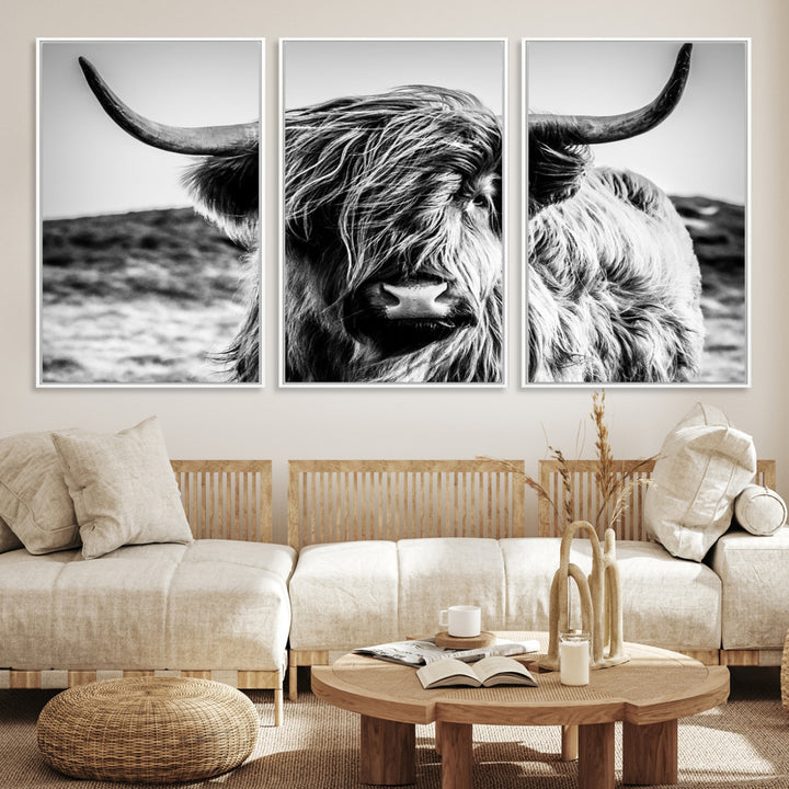 Highland Cow Wall Art | 3-Panel Black and White Highland Cow Canvas Print for Western Farmhouse Decor