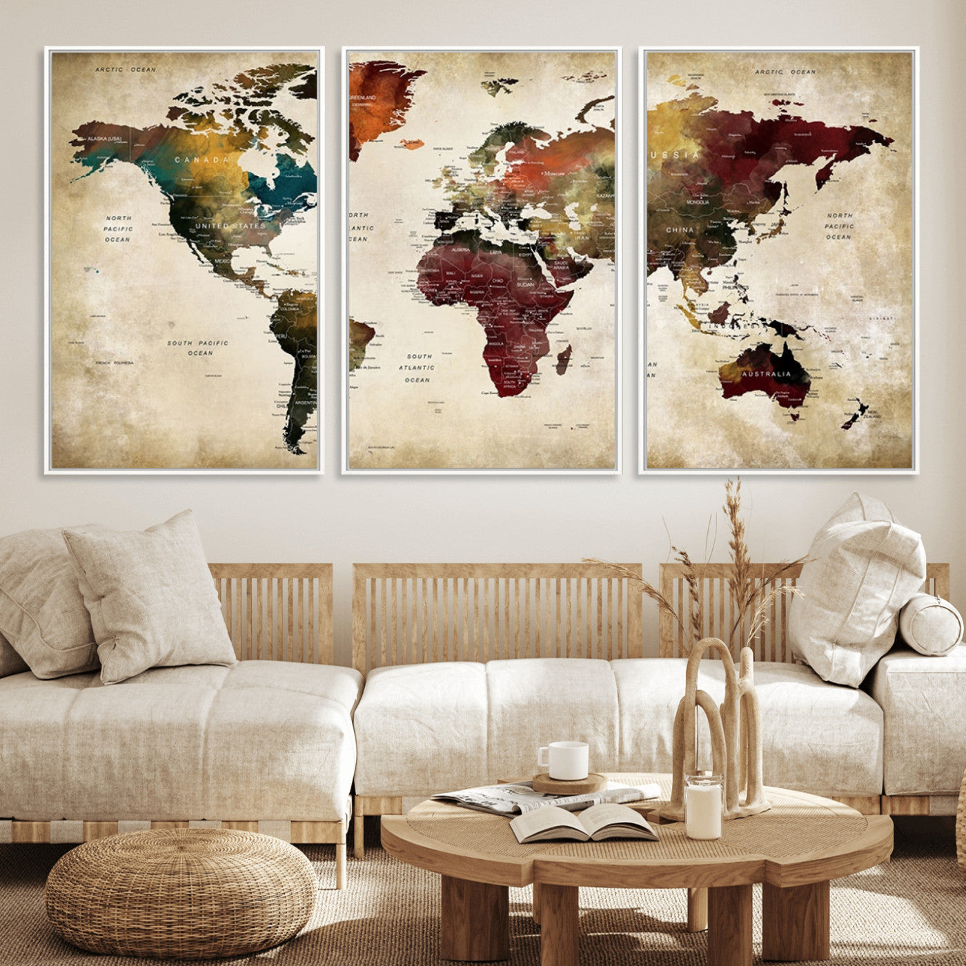 MGV-FC-60X30-3P - Large World Map Wall Art Canvas Print, Framed Push Pin Map Art Picture Print, Abstract Traveller Map Perfect Modern Decor Artwork