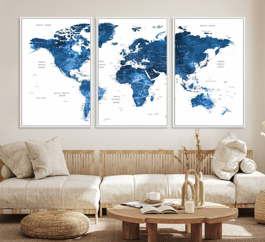 Navy Blue Wall Art World Map Canvas Print, an ideal piece for anyone seeking unique home or office decor.