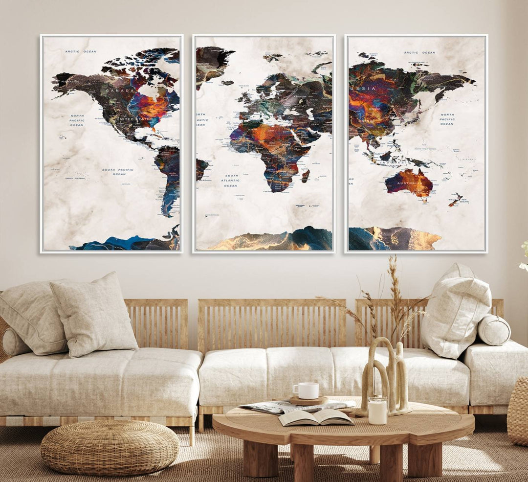 Watercolor World Map Canvas Print in earthy hues with a grunge background, ideal for wall decor.