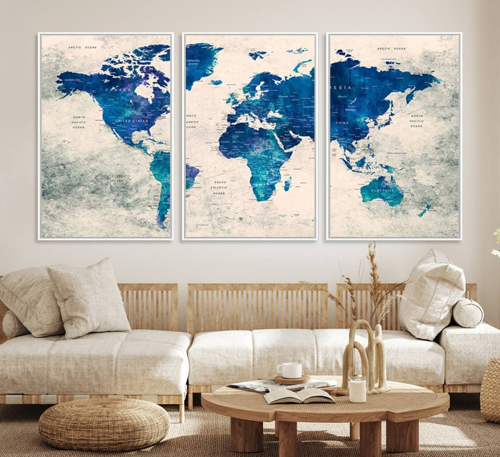 Navy Blue Push Pin World Map Canvas Print featuring a grunge-stained background, with labeled countries and oceans.