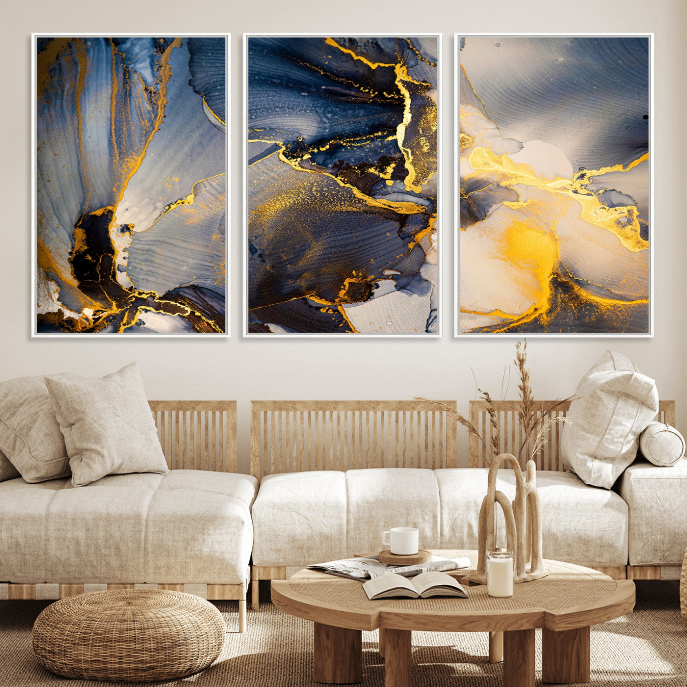 42100-MGV-FC-60X30-3P_White-Large Abstract Wall Art Print - Gold and Blue Abstract Canvas Wall Art | Fluid Ink Modern Luxury Wall Decor for Living Room Decor