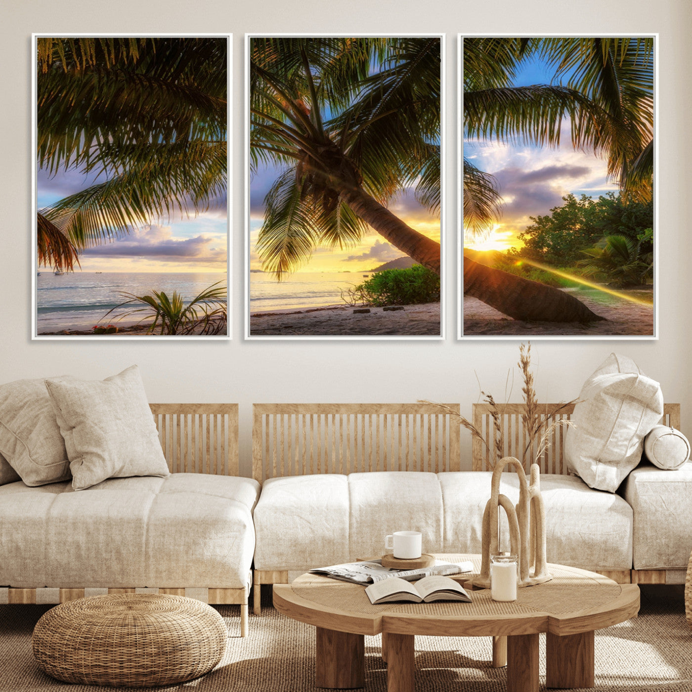 MGV-FC-60X30-3P - Tropical Island Sunset on the Beach Palms Wall Art Canvas Print