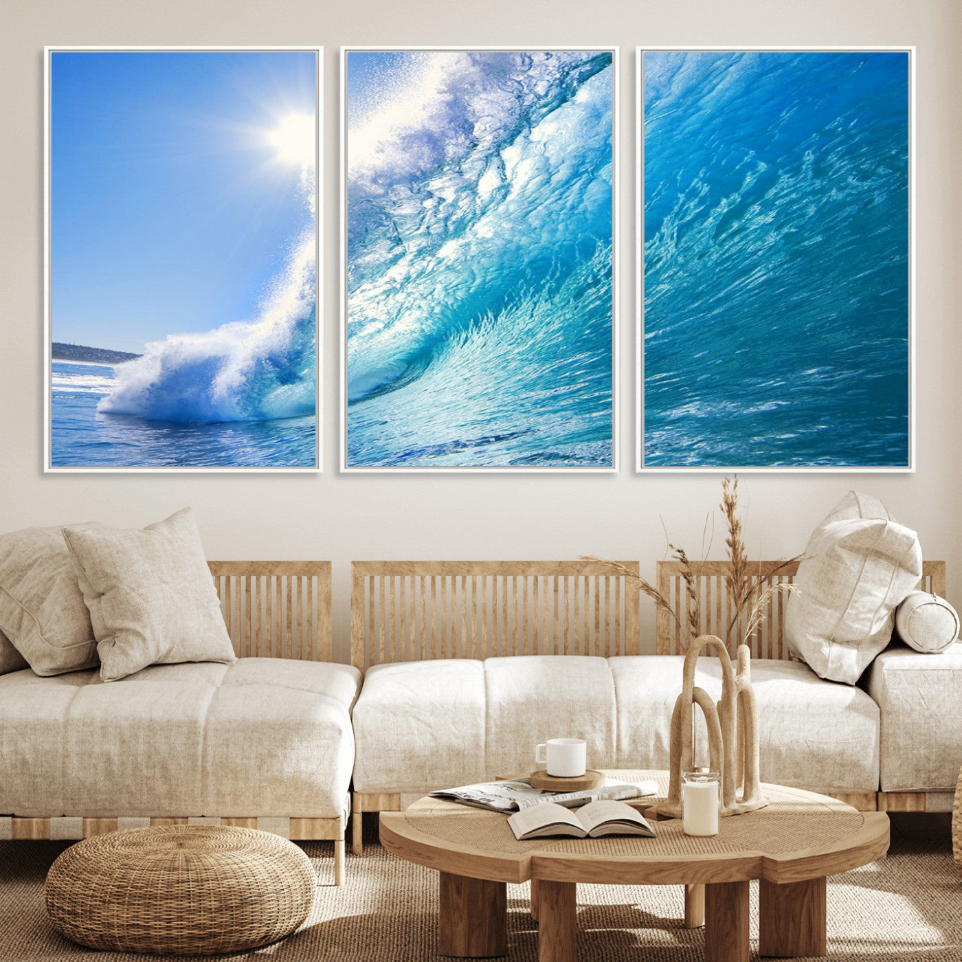 MGV-FC-60X30-3P - Blue Big Wave Surfing Ocean Canvas Wall Art Artwork Print , Surf Wall Art, Sea Wall Art