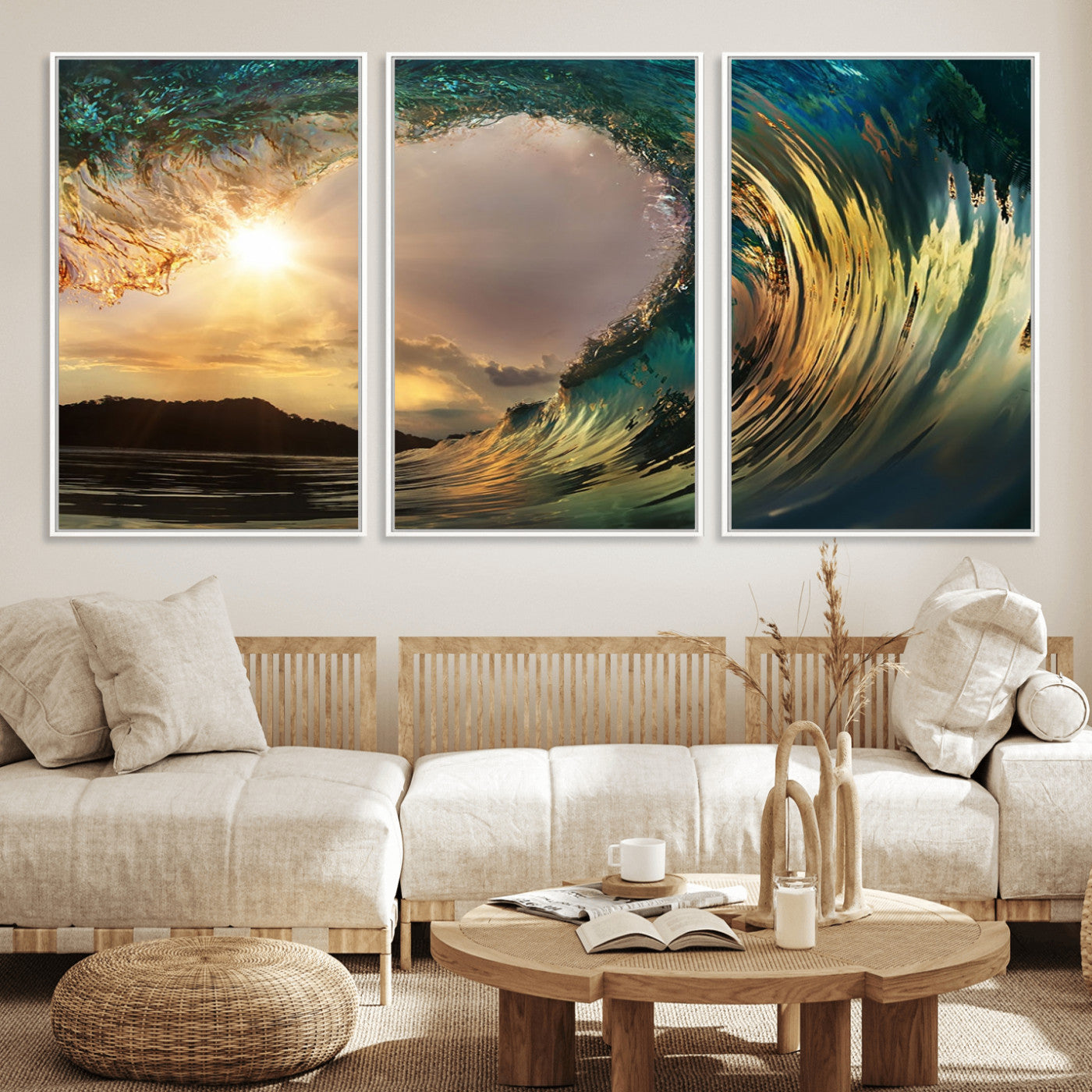 MGV-FC-60X30-3P - Golden Wave Sunset Giclee Canvas Print – Large Coastal Wall Art for Nature Lovers, Captivating Ocean Wave Decor