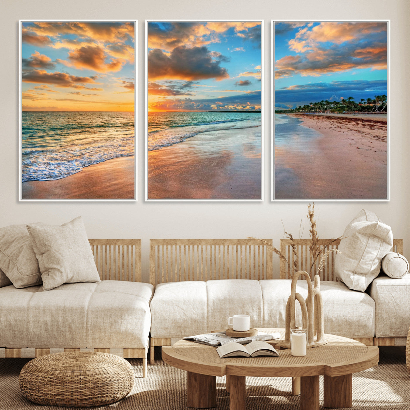 MGV-FC-60X30-3P - Sunset Ocean Waves on Tropical Beach, 3-Panel Giclee Canvas Art for Coastal Home Decor, Vibrant Palm-Lined Shore