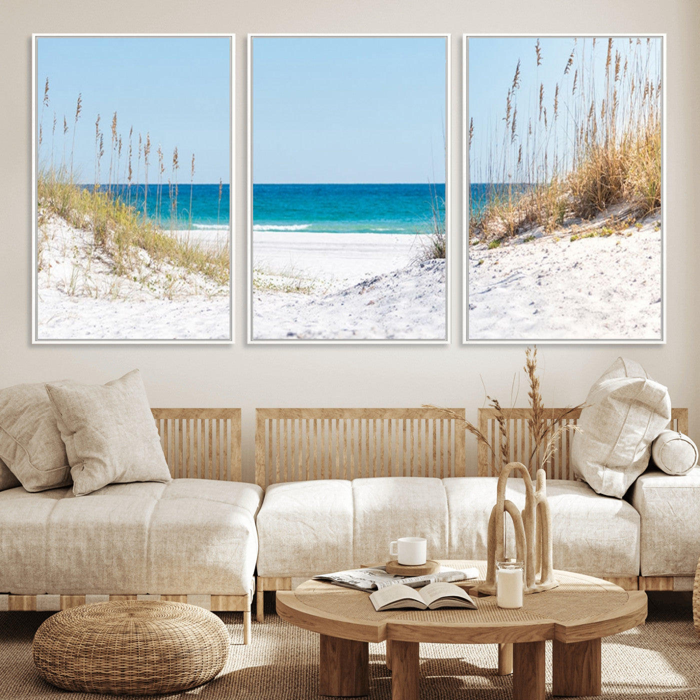 MGV-FC-60X30-3P - Serene Coastal Dune Path with Ocean View, 3-Panel Beach Canvas Wall Art, Tranquil Seascape Giclee Print, Gallery Wrap, Perfect for Coastal Home Decor