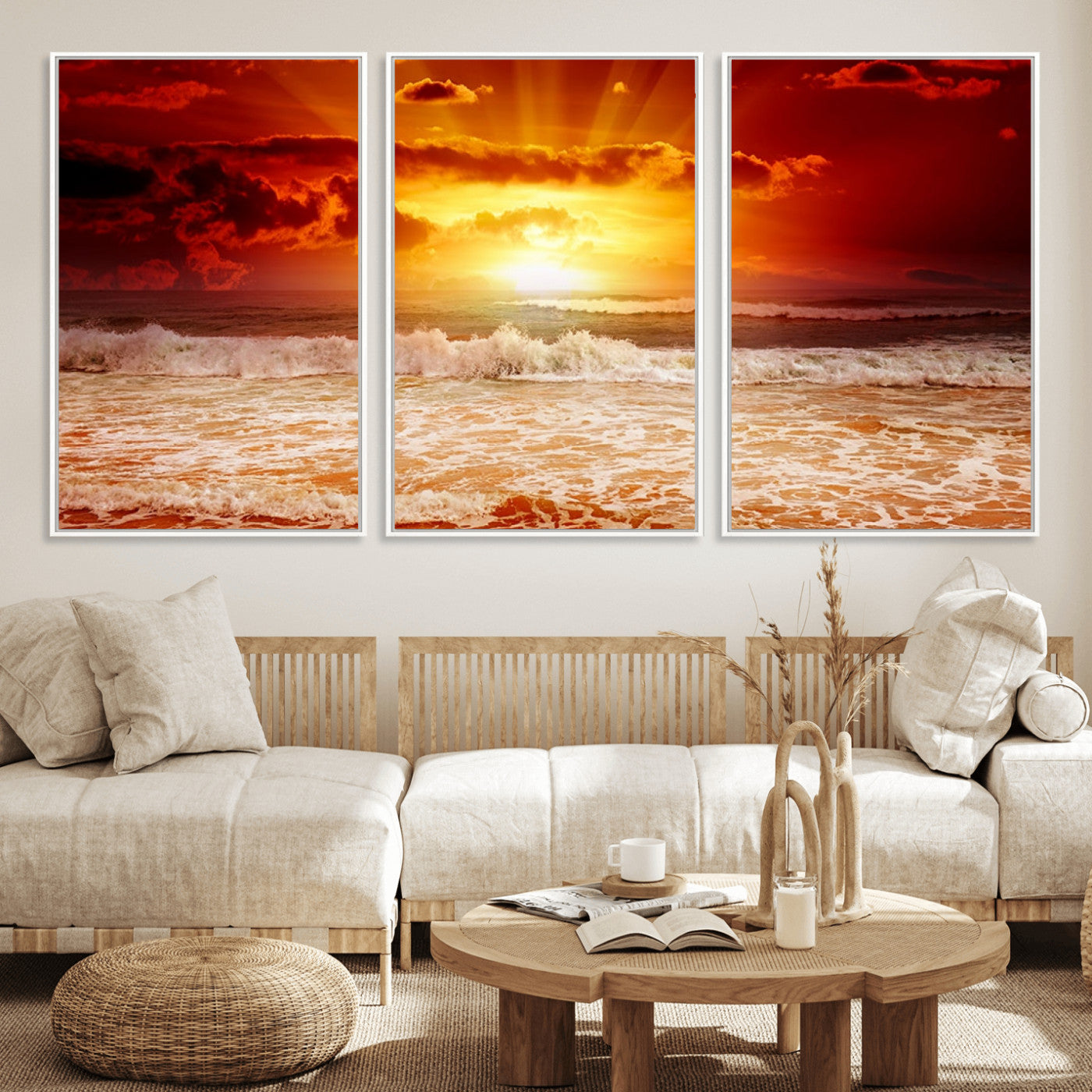 MGV-FC-60X30-3P - Red Sunset Ocean Beach Canvas Wall Art Beach Canvas, Coastal Sunset Print