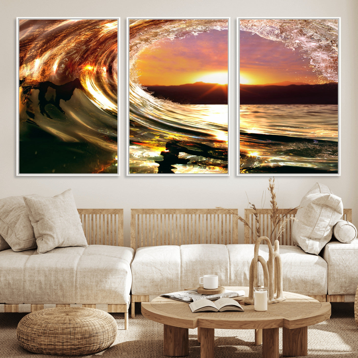 MGV-FC-60X30-3P - Golden Wave Sunset Triptych Canvas Art, Giclee Canvas Print of Ocean Wave and Sunset, Framed Ocean