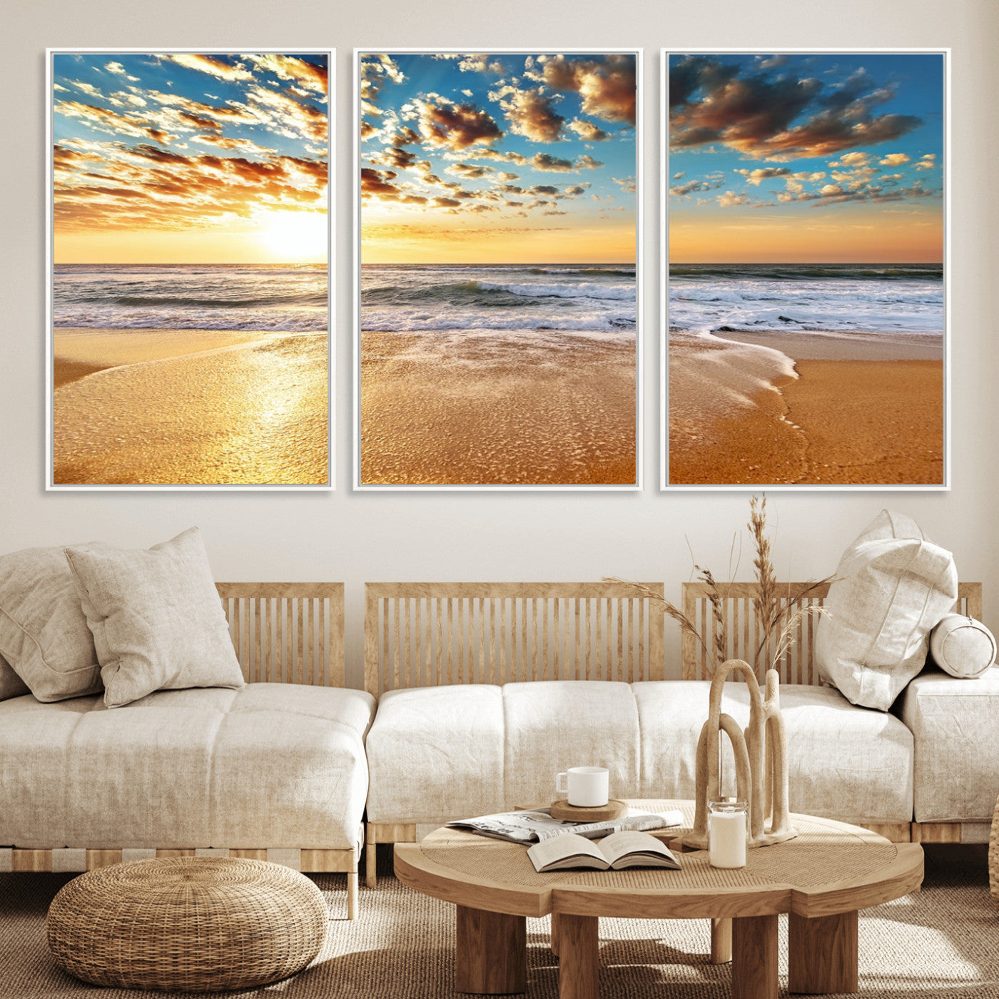 MGV-FC-60X30-3P - Golden Sunset Beach Print Canvas Wall Art, Giclee Canvas Print with Canon Print Quality, Triptych