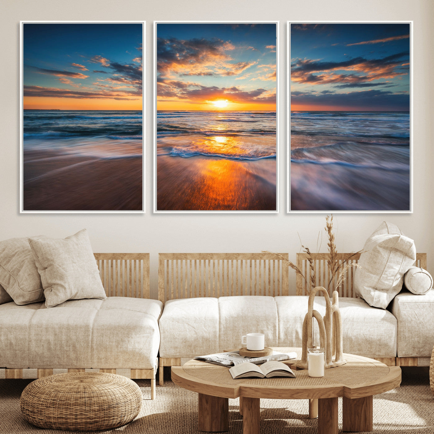 MGV-FC-60X30-3P - Sunset on the Ocean Beach with Waves, Reflections on Sand, Coastal Wall Art Print, Beach Wall Art,