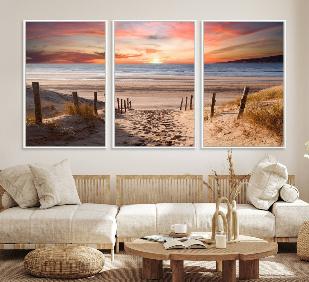 The Sunset on the Sea Wall Art Canvas Print beautifully captures a beach sunset and waves, enhanced with a UV-protective coating.