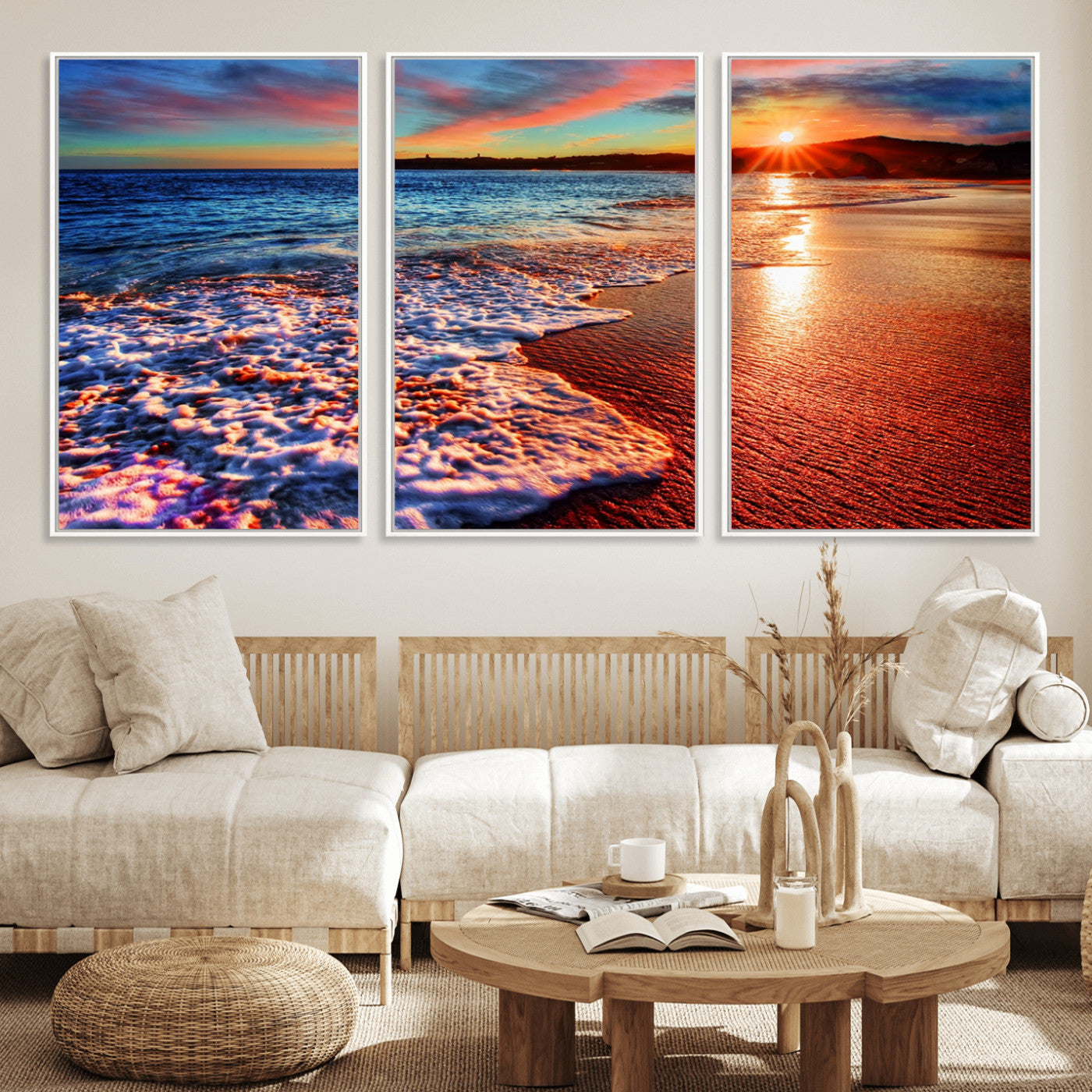 MGV-FC-60X30-3P - Colorful Coastal Sunset on the Beach Canvas Print, Ocean Waves Crashing at Dusk, Multi-Panel Seascape Vibrant Coastal Wall Art Canvas Print