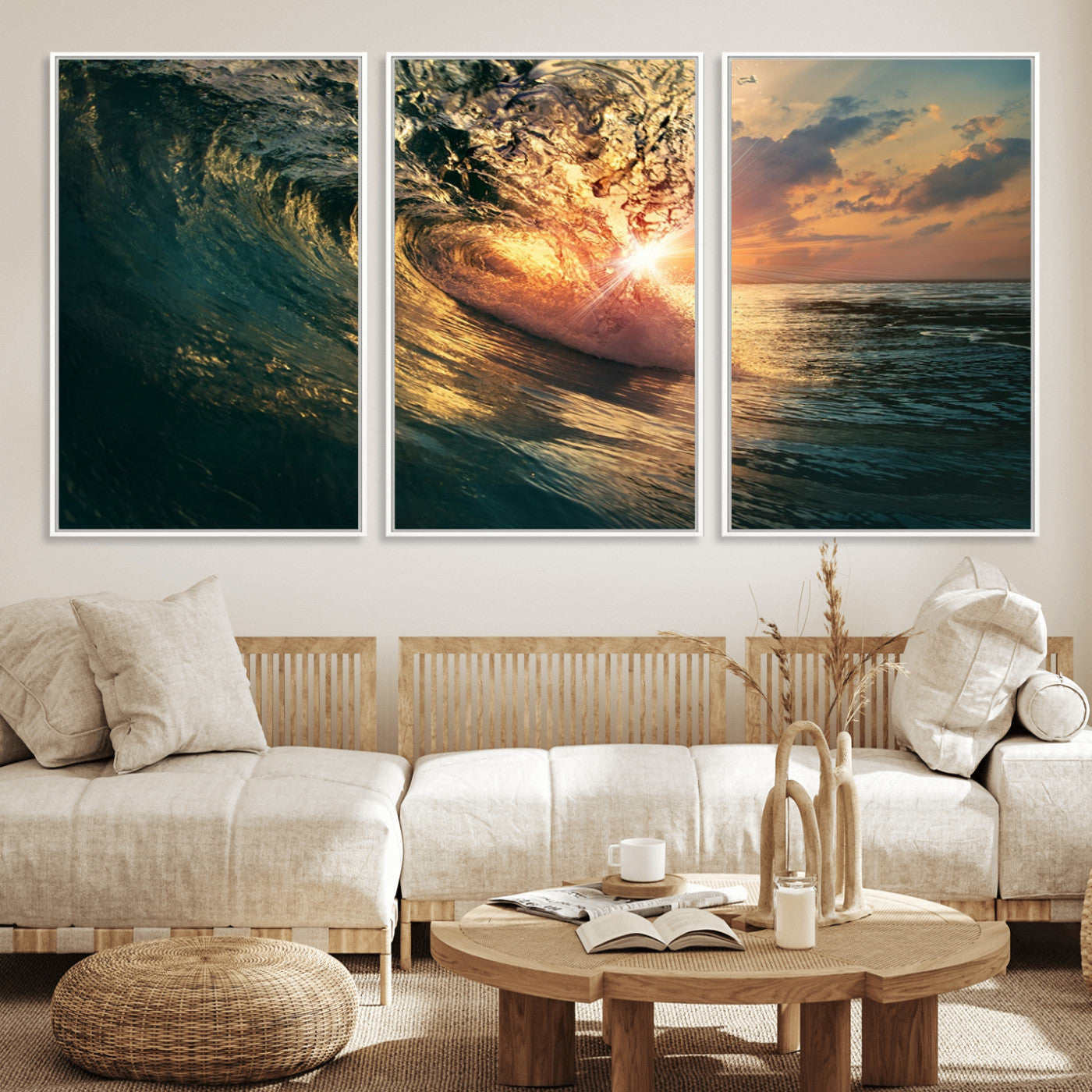 MGV-FC-60X30-3P - Ocean Wave Sunset Canvas Wall Art – Triptych Seascape Print – Framed and Ready to Hang for Living Room or Office