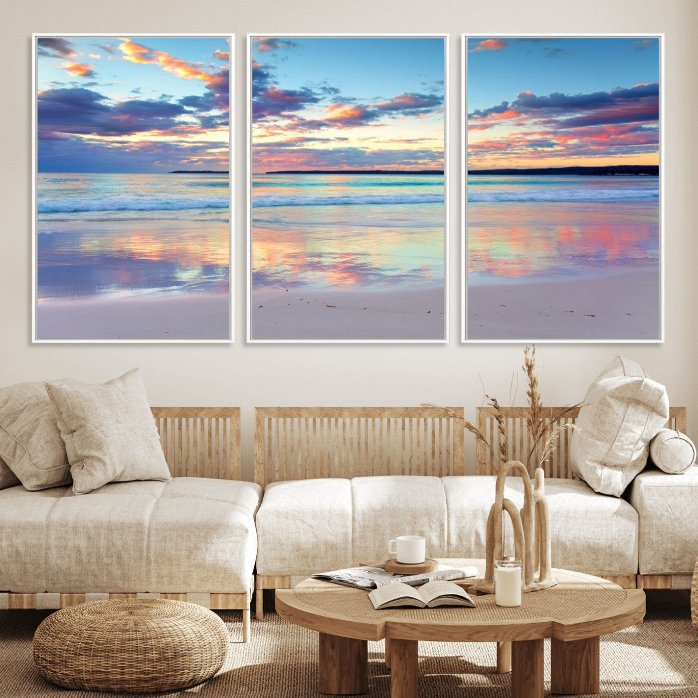 MGV-FC-60X30-3P - Tranquil Pastel Sunset Beach Triptych Canvas Art, Soothing Coastal Ocean Shoreline Giclee Print, Beach Reflections Wall Decor for Serene Spaces
