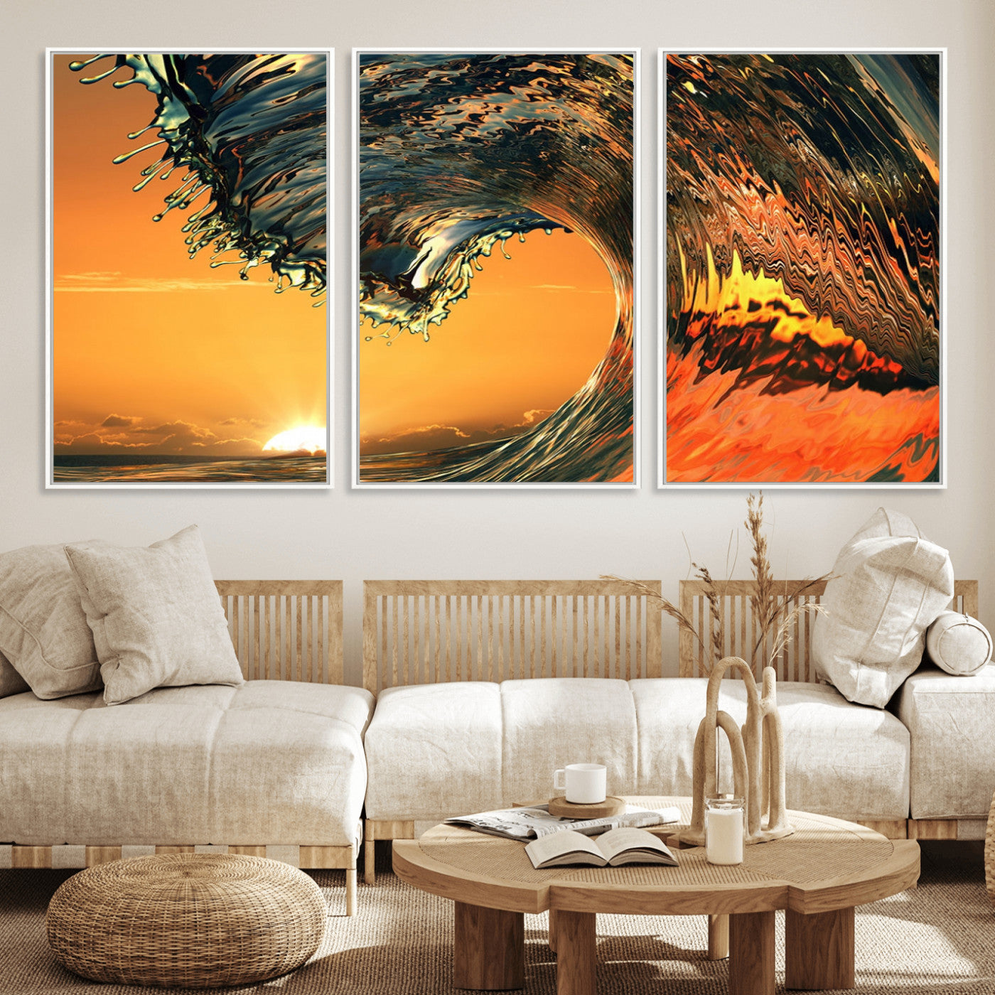 96977-MGV-FC-60X30-3P_White-Surf Wave Sunset Canvas Wall Art Print, 3-Panel Ocean Coastal Wall Art Print, Ocean Decor for