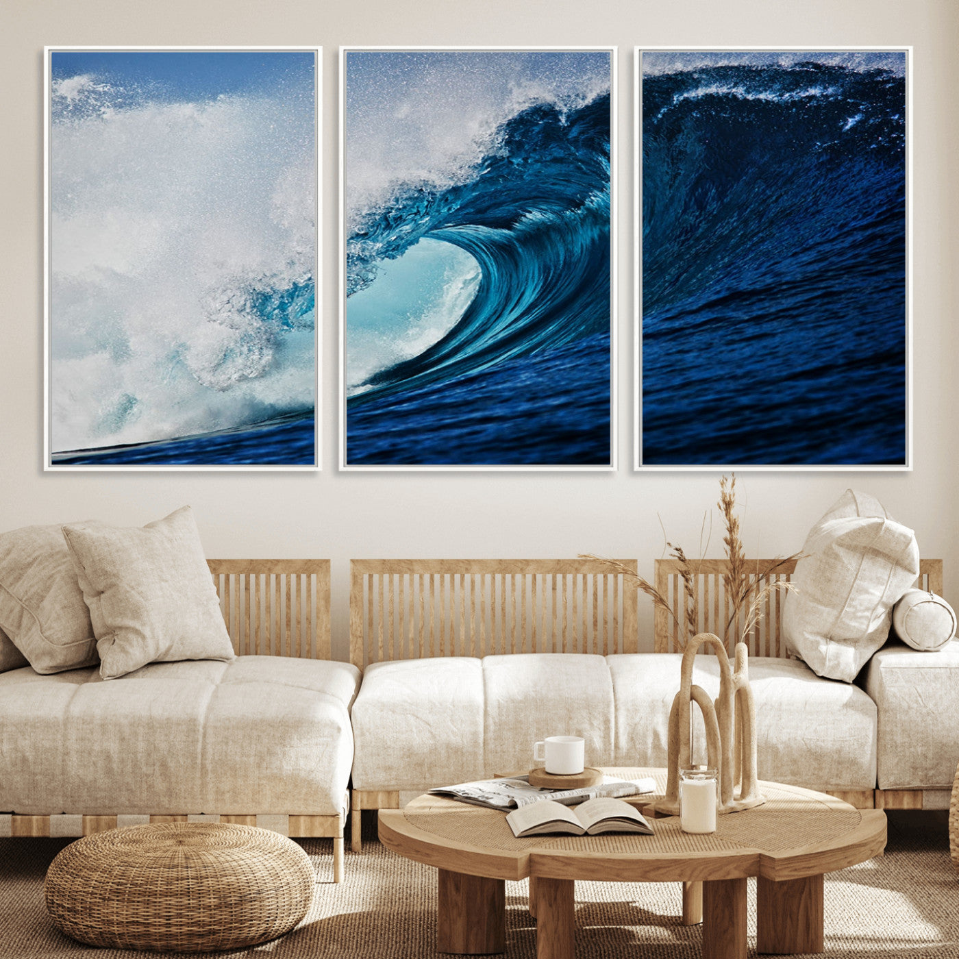 MGV-FC-60X30-3P - Ocean Wave at Sunset Canvas Art, Large Wall Print of Vibrant Water Waves, Coastal Art for Living Room and Dining Room Decor