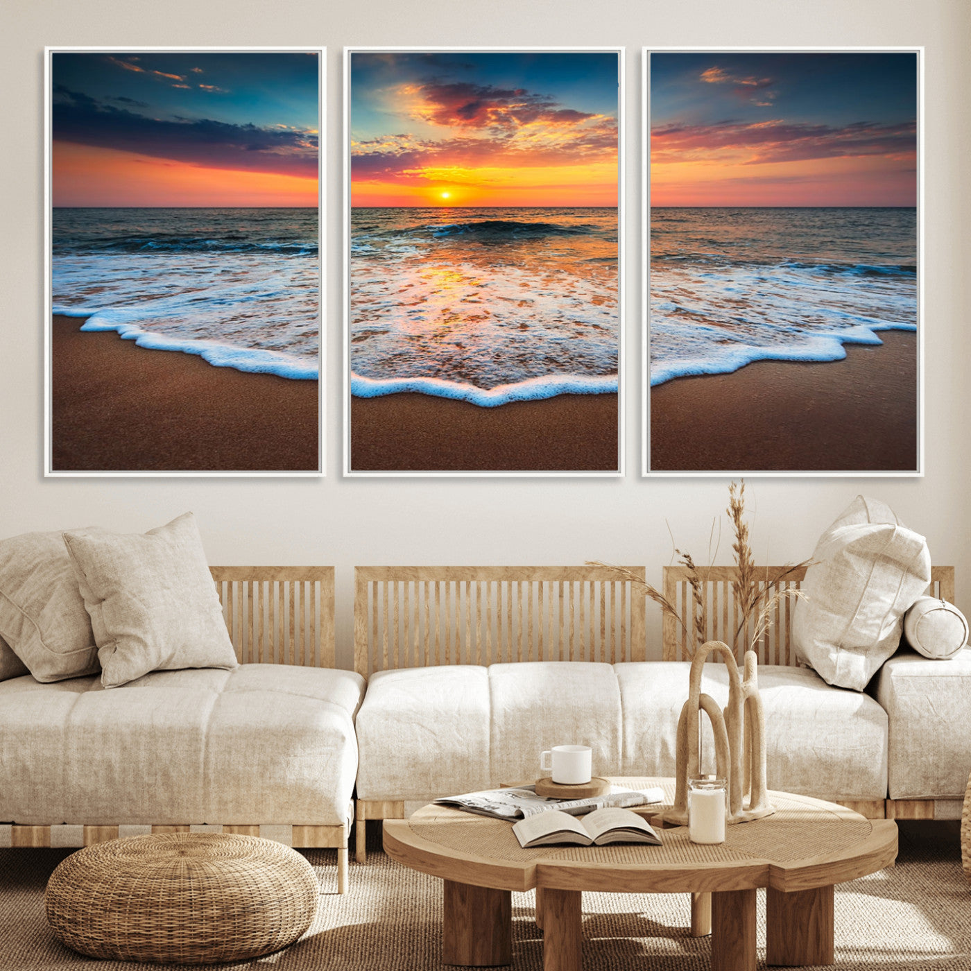 MGV-FC-60X30-3P - Sunset Beach Canvas Wall Art – Colorful Ocean Waves Triptych – Coastal Decor for Living Room or Bedroom – Framed and Ready to Hang