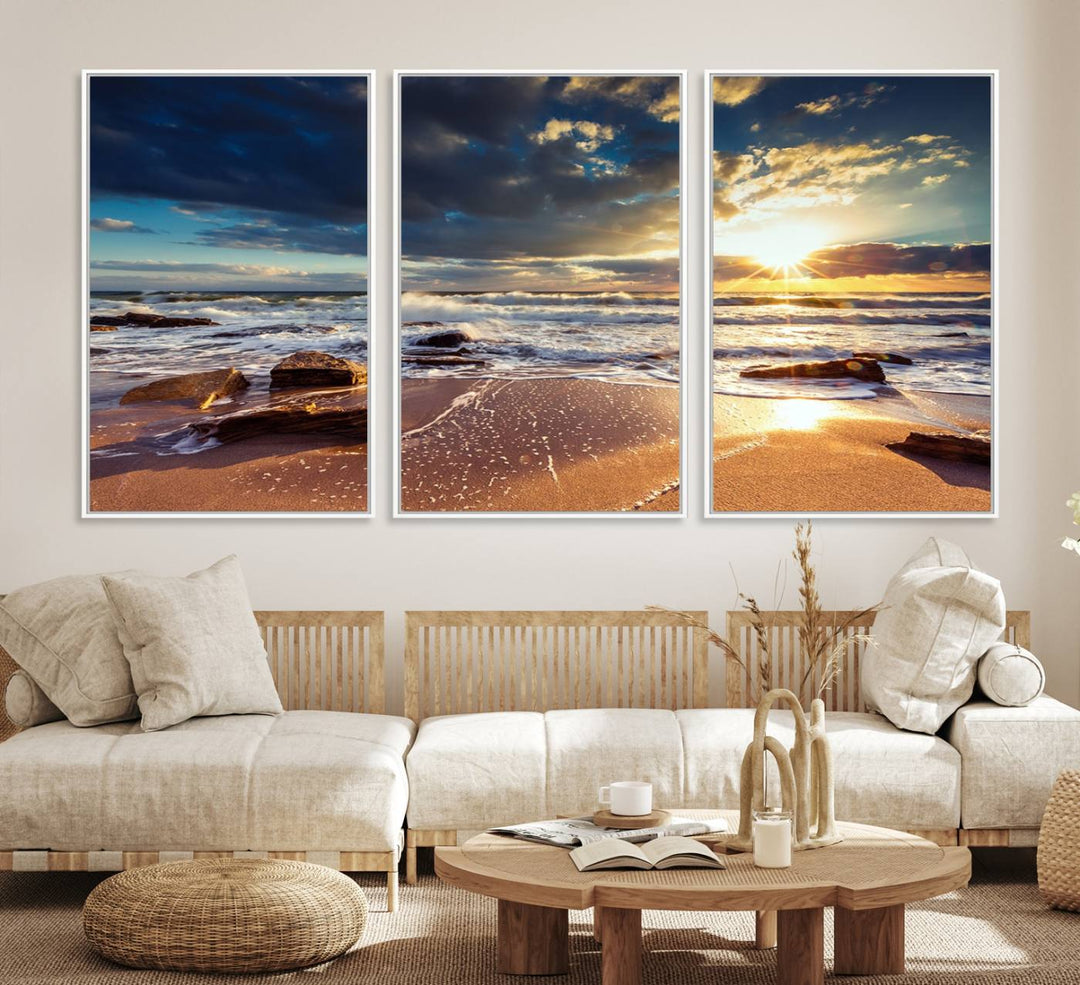 The Golden Hour Beach Sunset triptych adorns the wall with its captivating imagery.