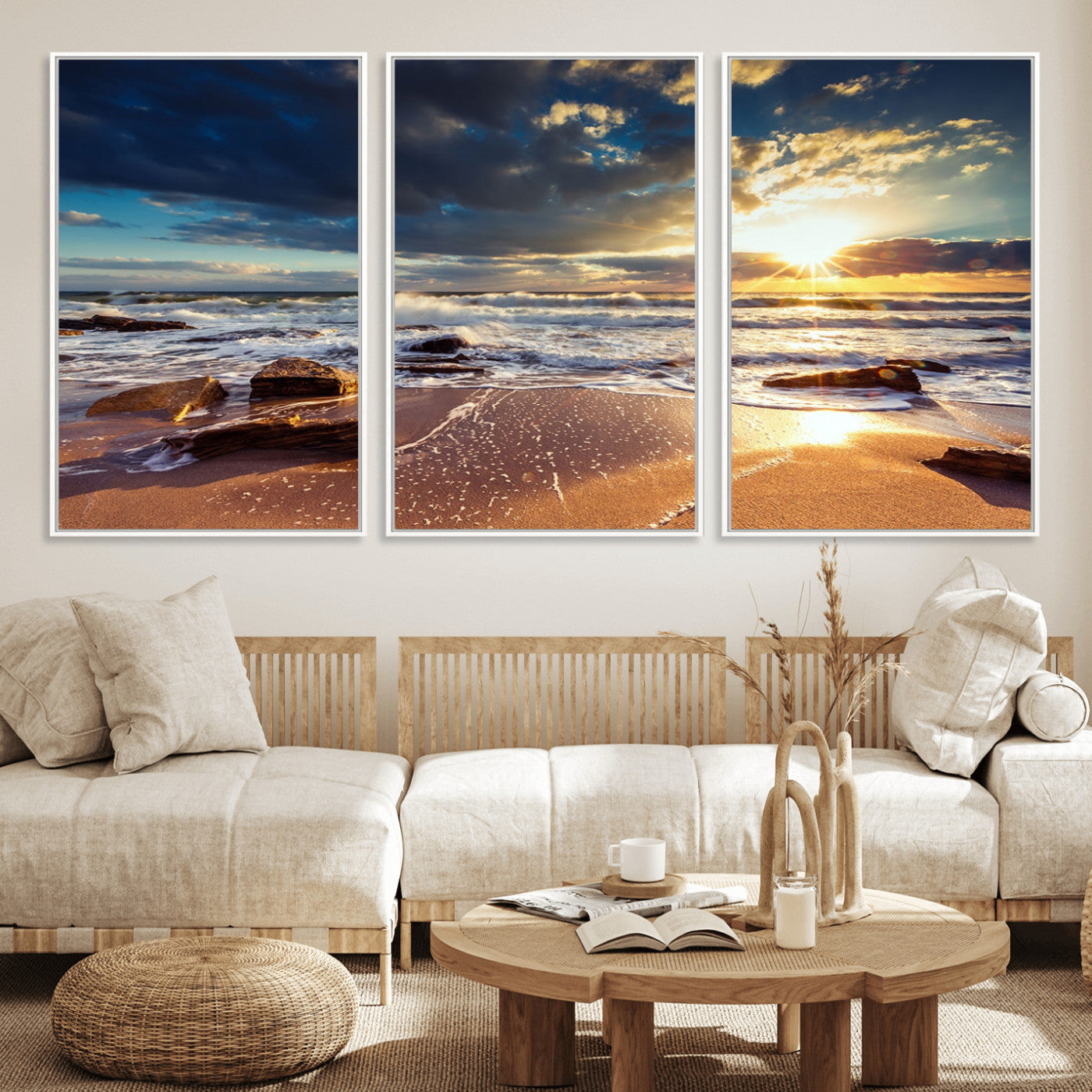 MGV-FC-60X30-3P - Golden Hour Beach Sunset Canvas Triptych, Ocean Waves and Rocks Wall Art for Coastal Home Decor