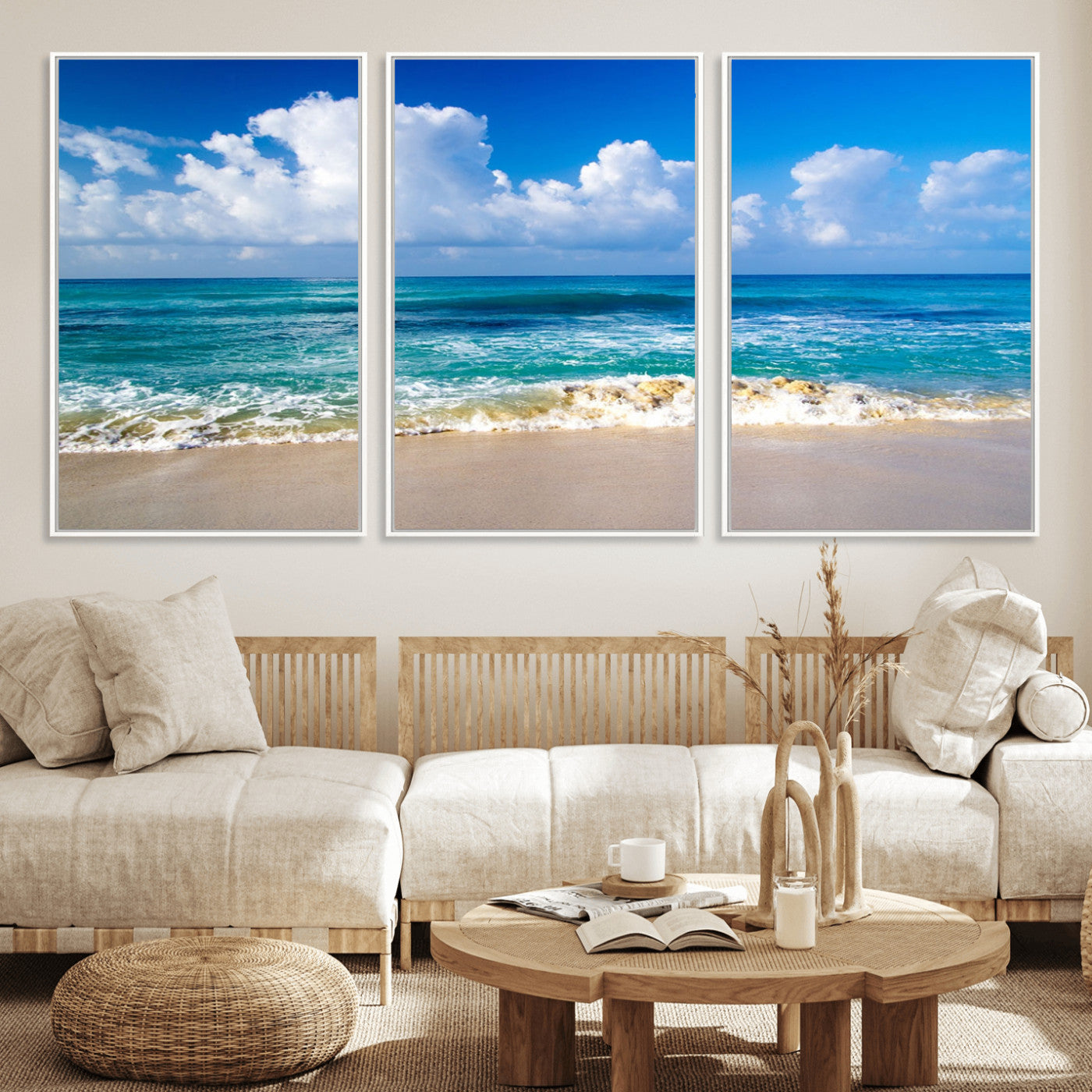 MGV-FC-60X30-3P - Tropical Beach 3-Panel Canvas Wall Art – Serene Ocean Waves and Blue Sky – Giclée Print for Living Room, Office, or Bedroom Coastal Decor