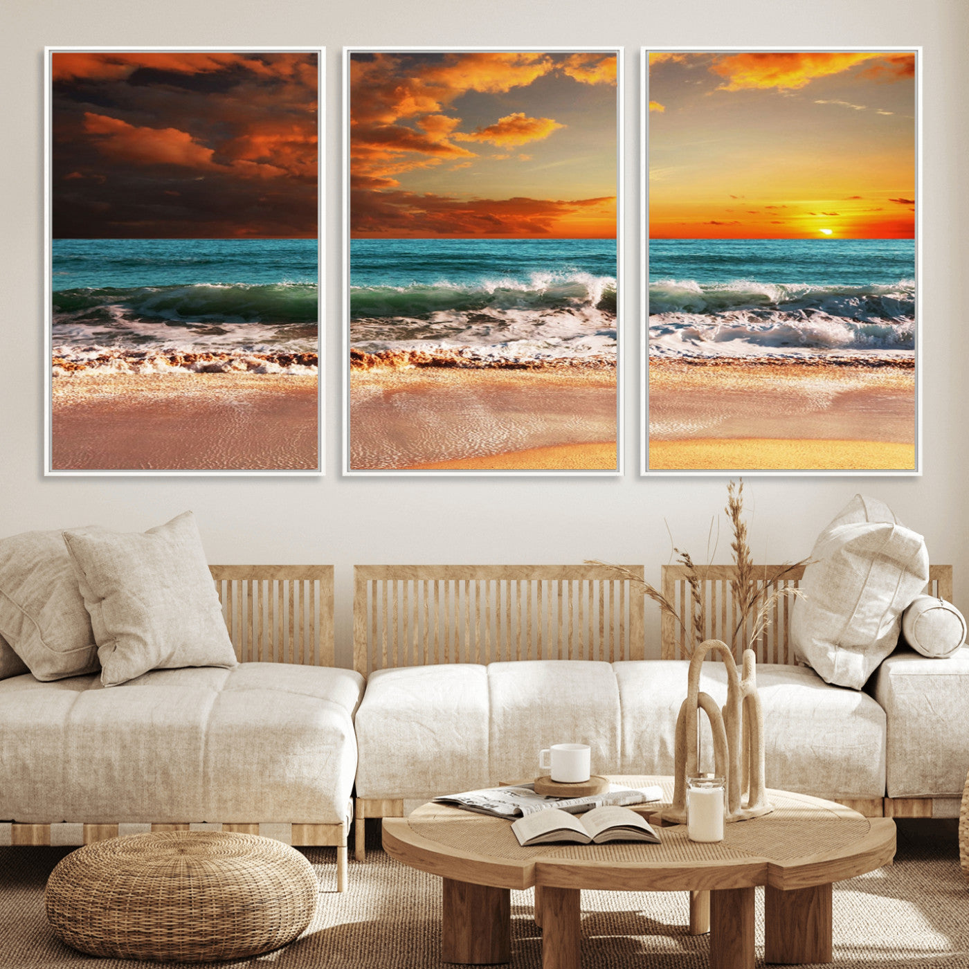 MGV-FC-60X30-3P - Golden Sunset Beach Canvas Wall Art – Triptych Seascape Print – Framed and Ready to Hang for Living Room or Office