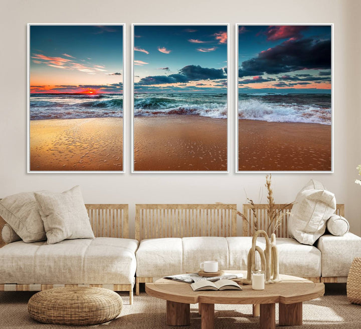 Sunset on Beach Wall Art: Waves under a vibrant sky. Crafted on museum-quality canvas, ready to hang and admire.