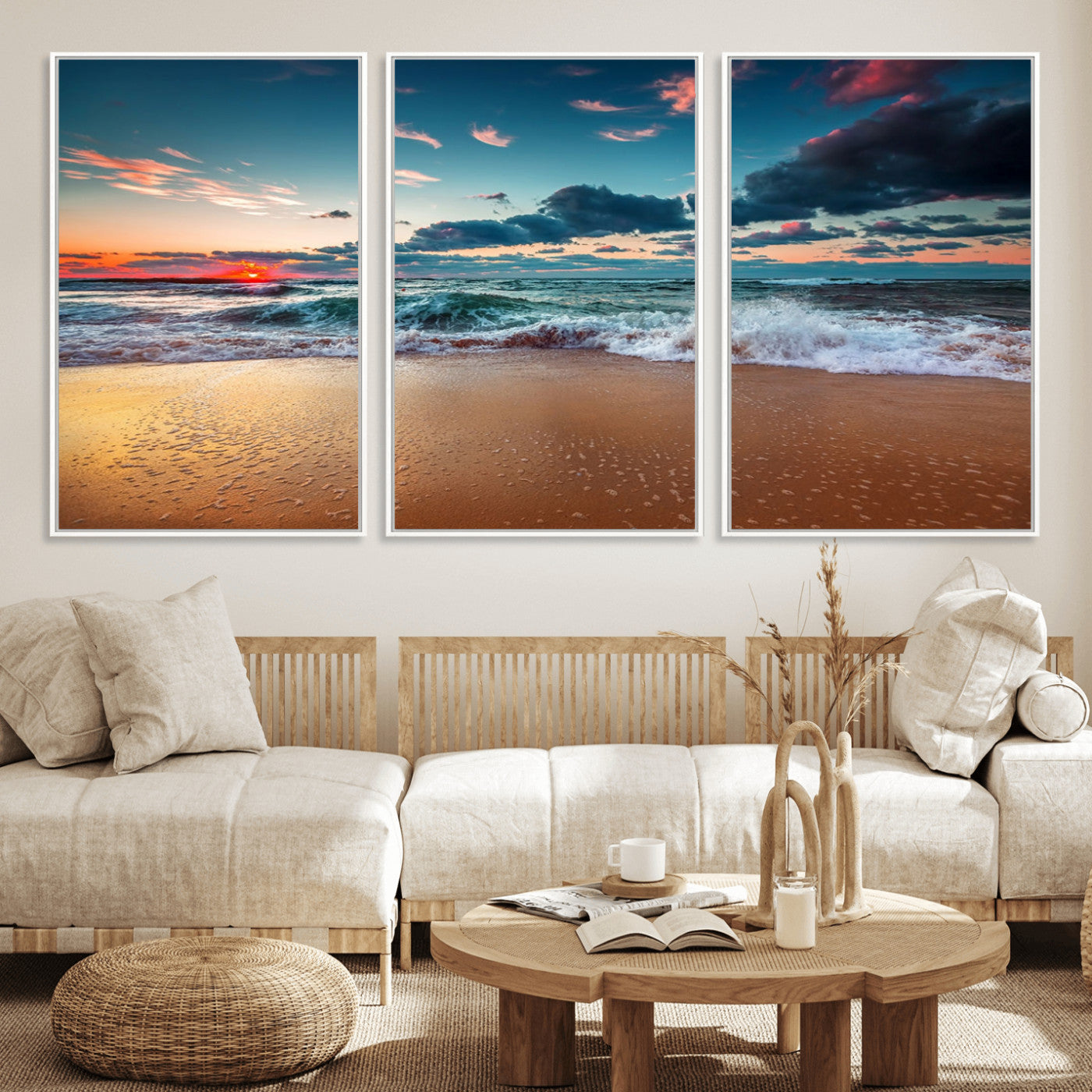 MGV-FC-60X30-3P - Sunset Ocean Beach Wall Art – Giclee Canvas Print, Coastal Seascape, Ready to Hang, Beach Decor, Large 3-Panel Set for Living Room