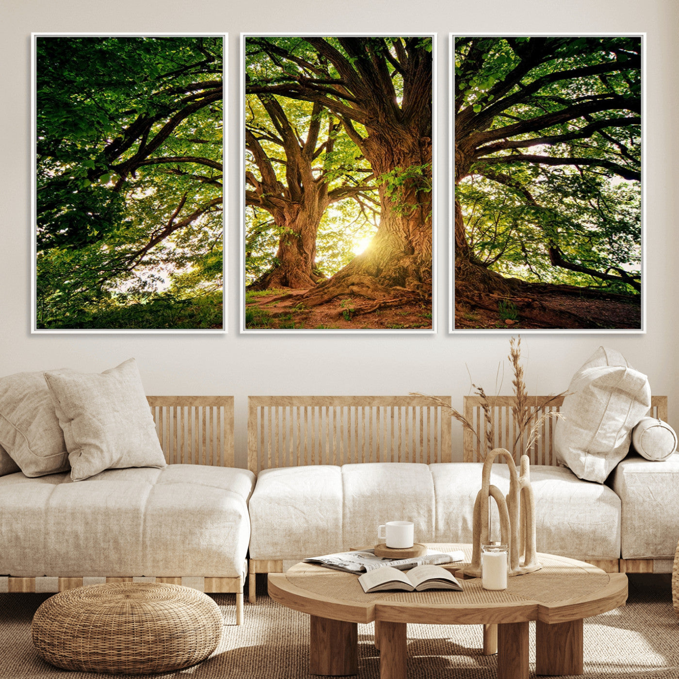 MGV-FC-60X30-3P - Majestic Ancient Tree Wall Art, Nature-Inspired Canvas Print, Woodland Art, Tree of Life Artwork, Sunlit Forest, Giclee Nature Print