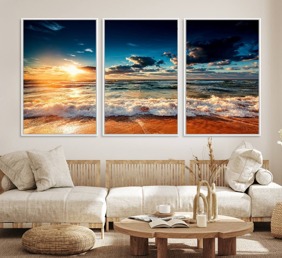 Golden Hour Sunset Over Ocean Waves Canvas: 3-Panel Coastal Landscape Art with Stunning Beach Photography Print.